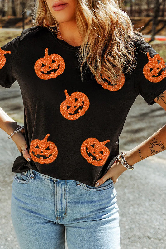 Full Size Glitter Jack-O'-Lantern Round Neck Short Sleeve T-Shirt-Angel Casuals