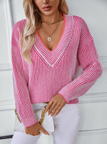 Striped V-Neck Long Sleeve Sweater-Angel Casuals