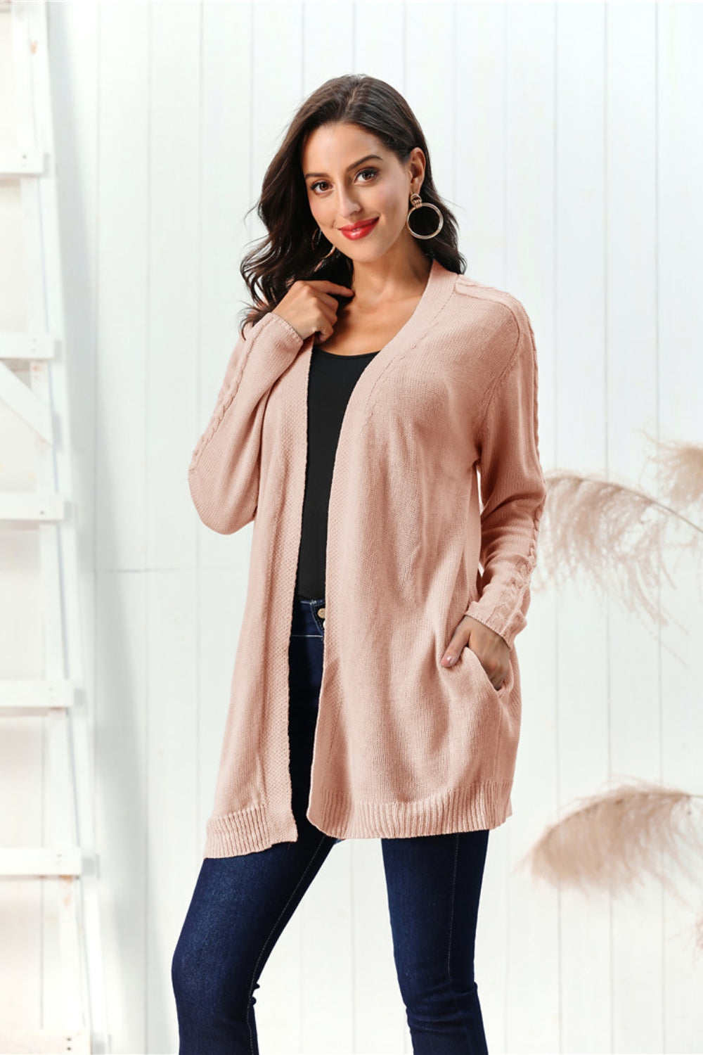 Cable-Knit Open Front Long Sleeve Cardigan-Angel Casuals