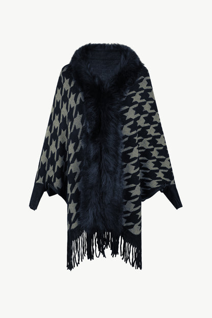 Houndstooth Fringe Hem Poncho-Angel Casuals