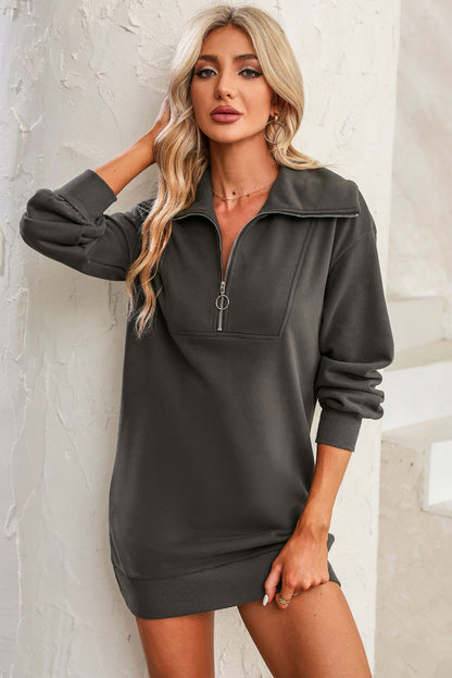 Half Zip Dropped Shoulder Mini Sweatshirt Dress-Angel Casuals