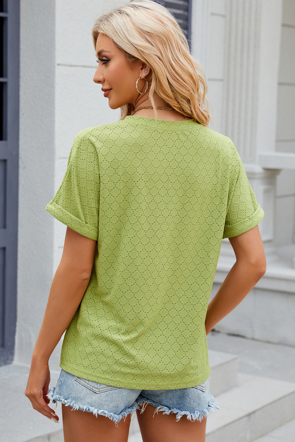Eyelet Notched Short Sleeve T-Shirt-Angel Casuals