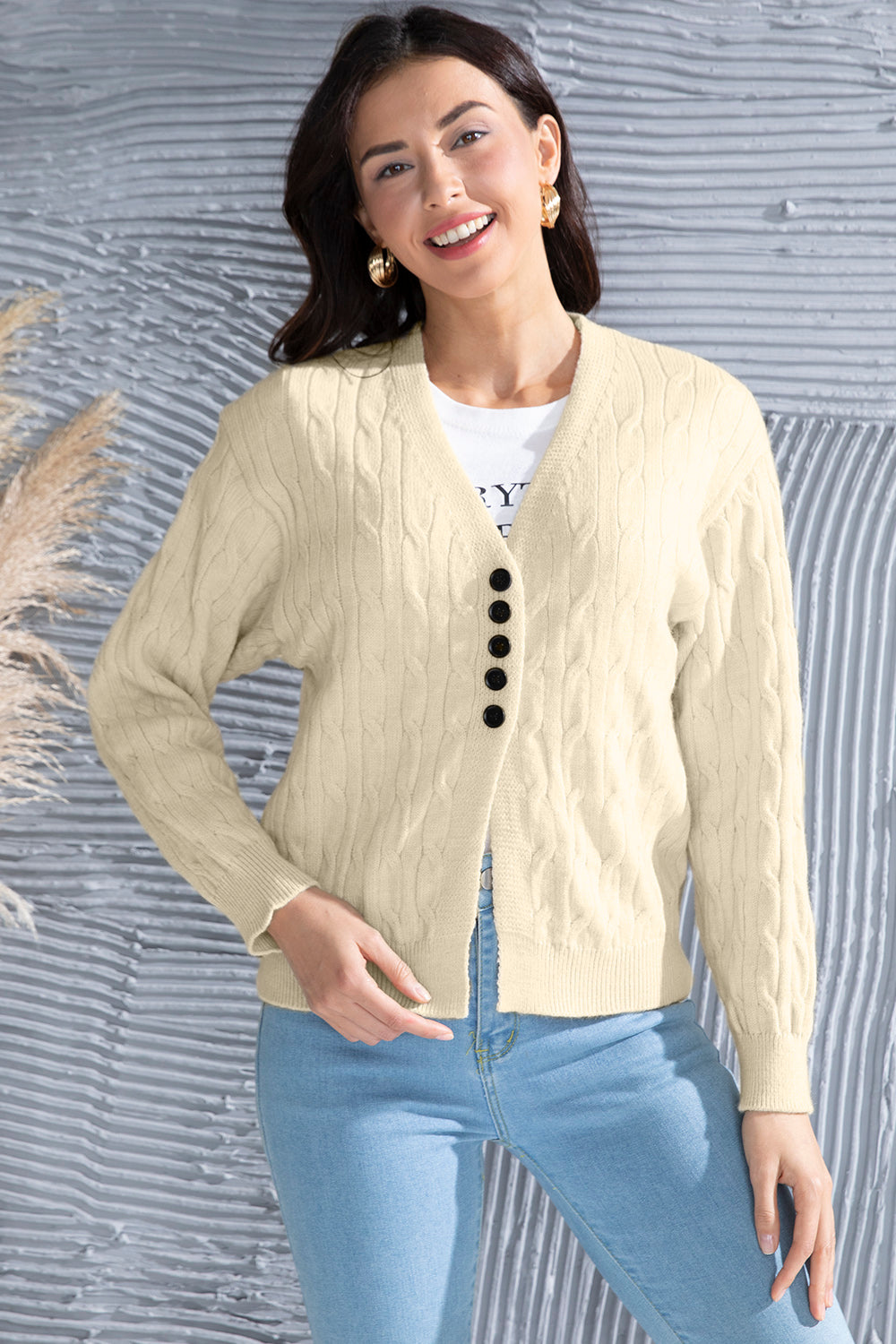 Cable-Knit Button Up Dropped Shoulder Cardigan-Angel Casuals
