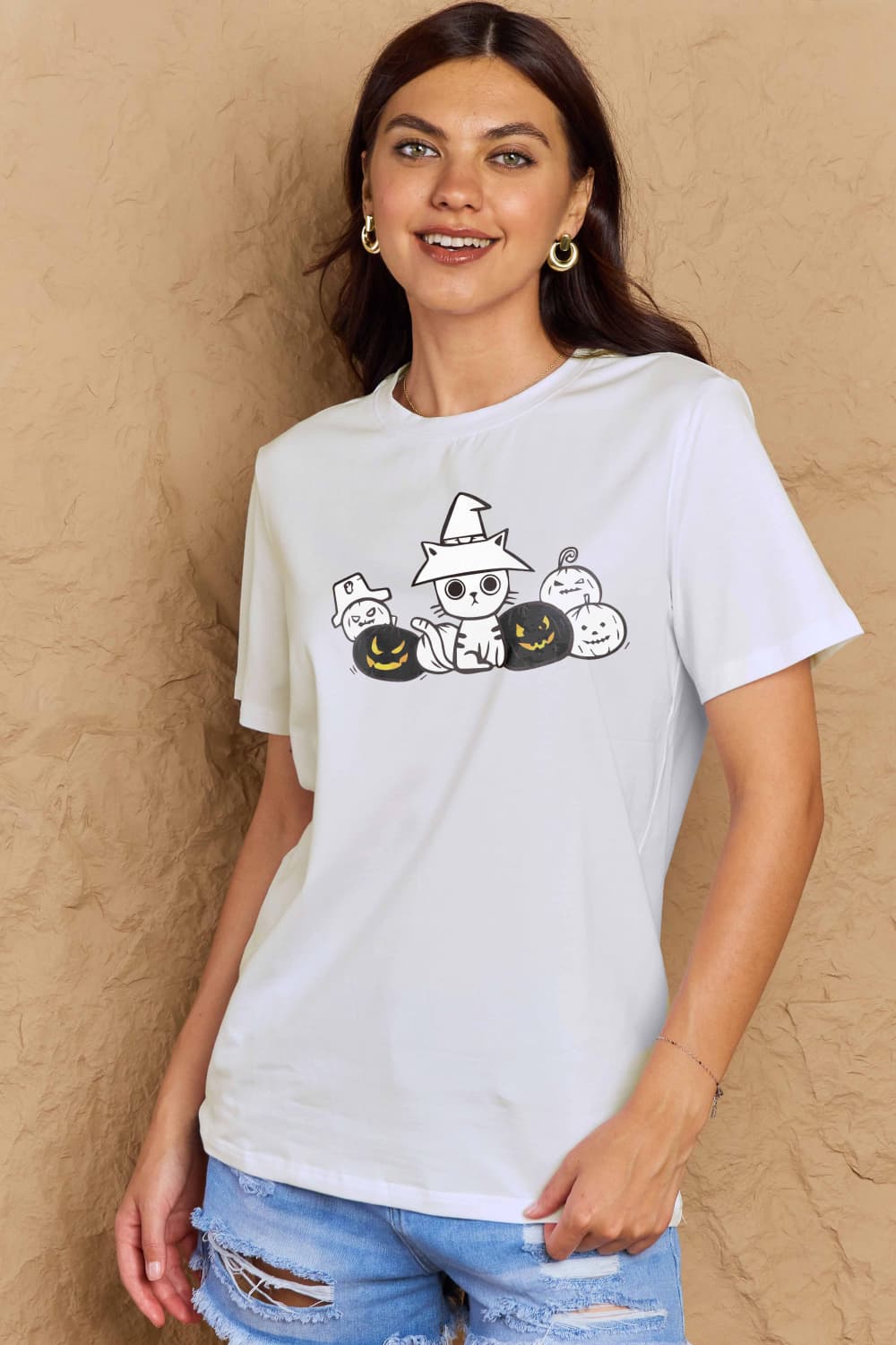 Simply Love Full Size Cat & Pumpkin Graphic Cotton T-Shirt-Angel Casuals