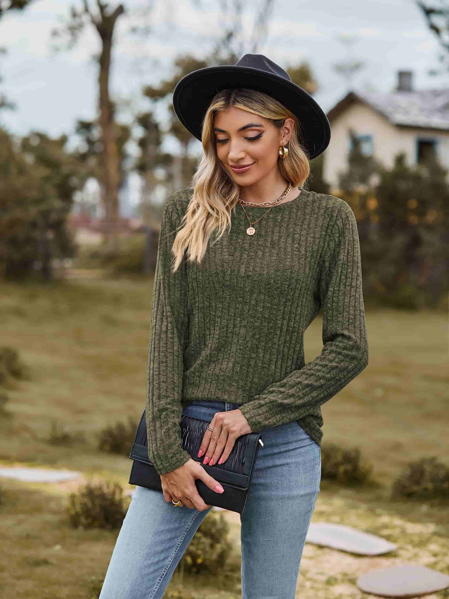 Ribbed Round Neck Long Sleeve Tee-Angel Casuals