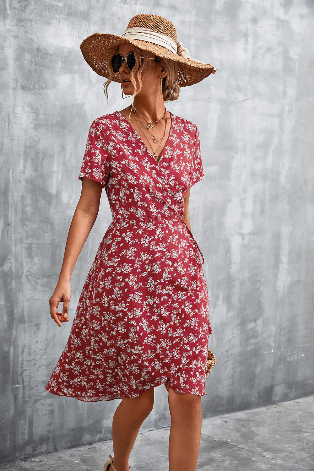 Floral Surplice Neck Flutter Sleeve Dress-Angel Casuals