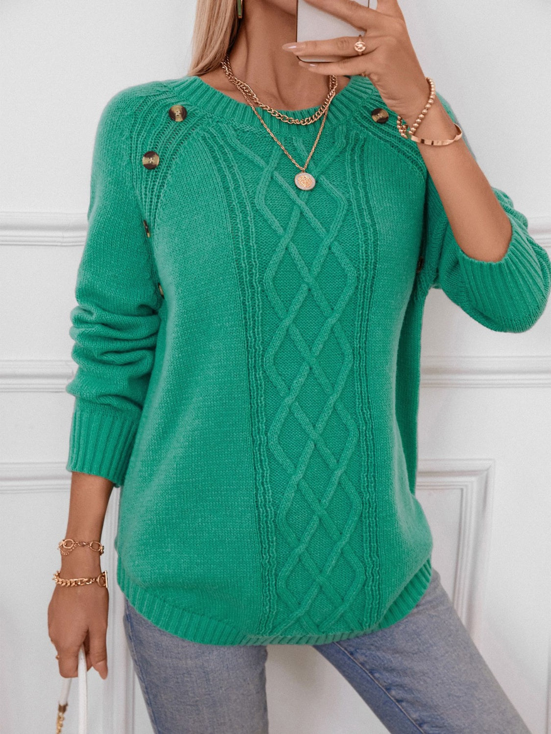 Decorative Button Round Neck Raglan Sleeve Sweater-Angel Casuals