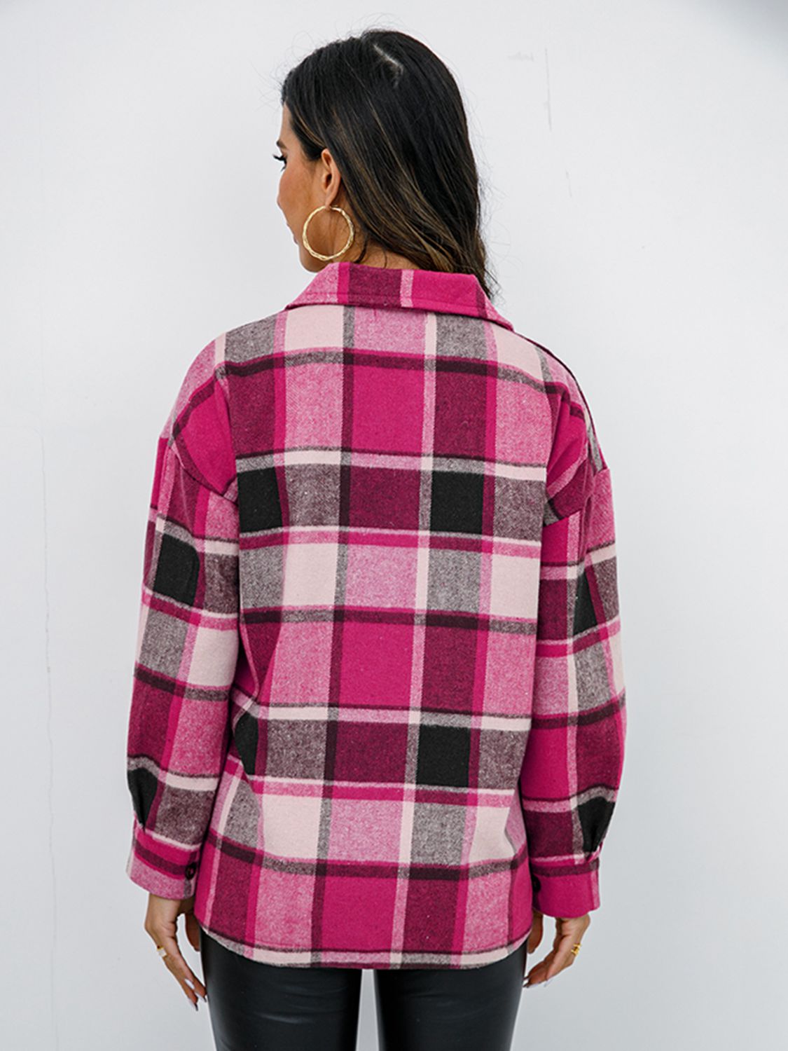 Plaid Button Up Collared Neck Jacket-Angel Casuals