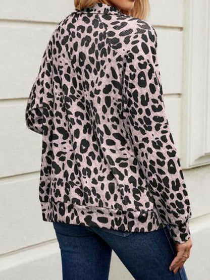 Full Size Leopard Collared Neck Zip Up Jacket-Angel Casuals