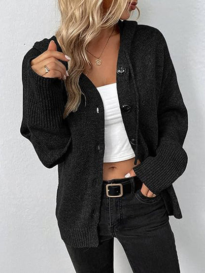 Button Up Drawstring Long Sleeve Hooded Cardigan-Angel Casuals