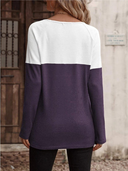 Contrast Round Neck Long Sleeve T-Shirt-Angel Casuals