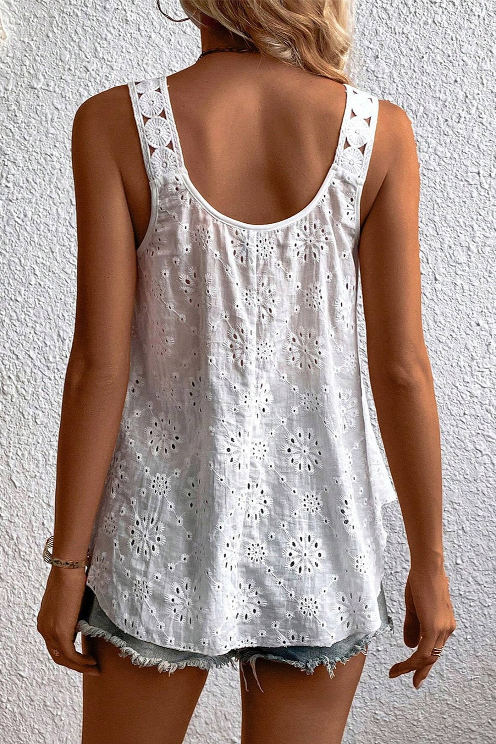 Eyelet Round Neck Wide Strap Tank-Angel Casuals