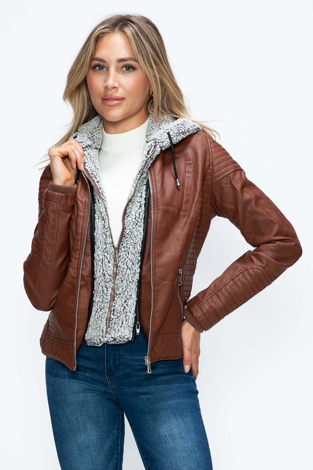 YMI Faux Layered Double-Zipper Jacket with Fuzzy Hood-Angel Casuals
