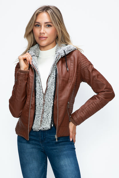 YMI Faux Layered Double-Zipper Jacket with Fuzzy Hood-Angel Casuals