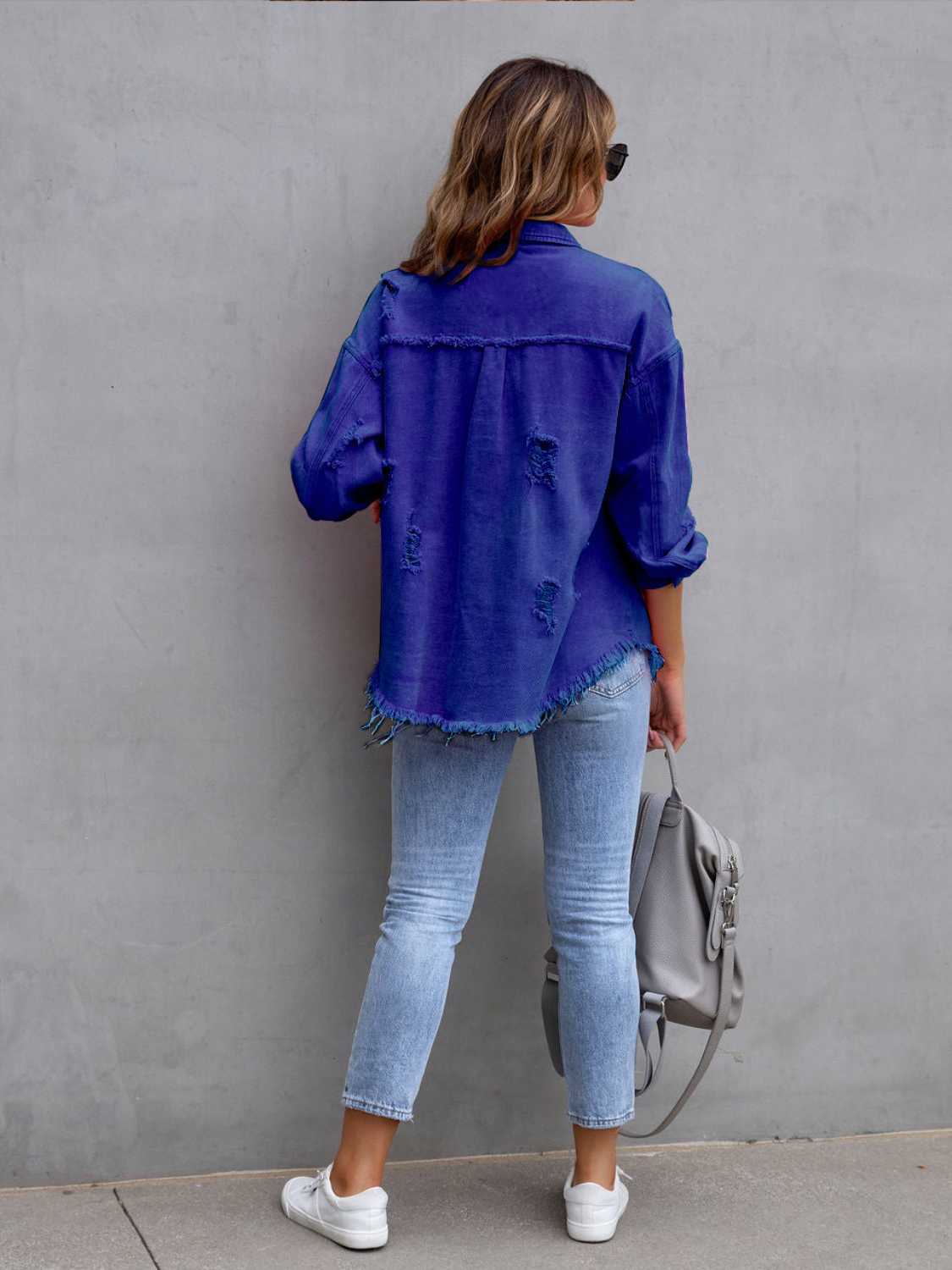 Distressed Drop Shoulder Denim Jacket-Angel Casuals