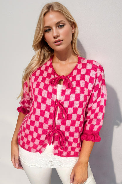 Double Take Tied Checkered Dropped Shoulder Flounce Sleeve Cardigan-Angel Casuals