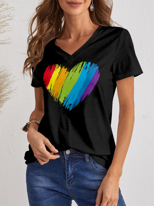 Heart V-Neck Dropped Shoulder T-Shirt-Angel Casuals