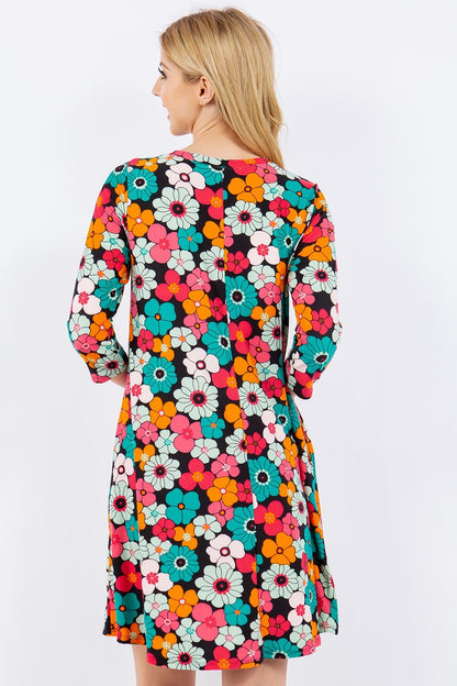 Celeste Full Size Floral Three-Quarter Sleeve Dress with Pockets-Angel Casuals