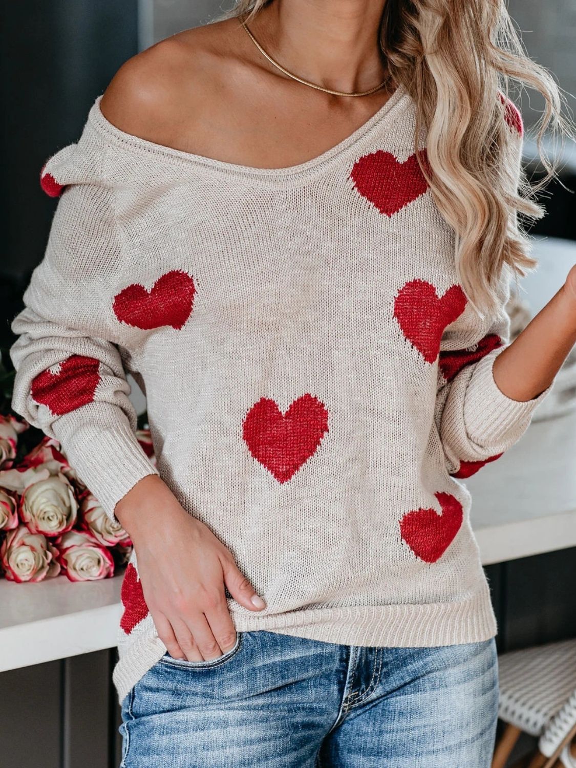 Heart Scoop Neck Long Sleeve Sweater-Angel Casuals