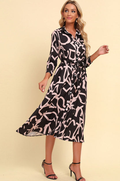 Printed Button Front Belted Midi Dress-Angel Casuals