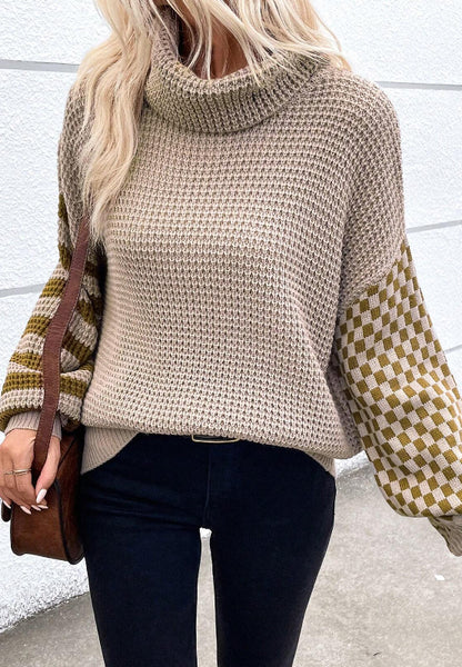 Striped & Checkered Turtleneck Dropped Shoulder Sweater-Angel Casuals