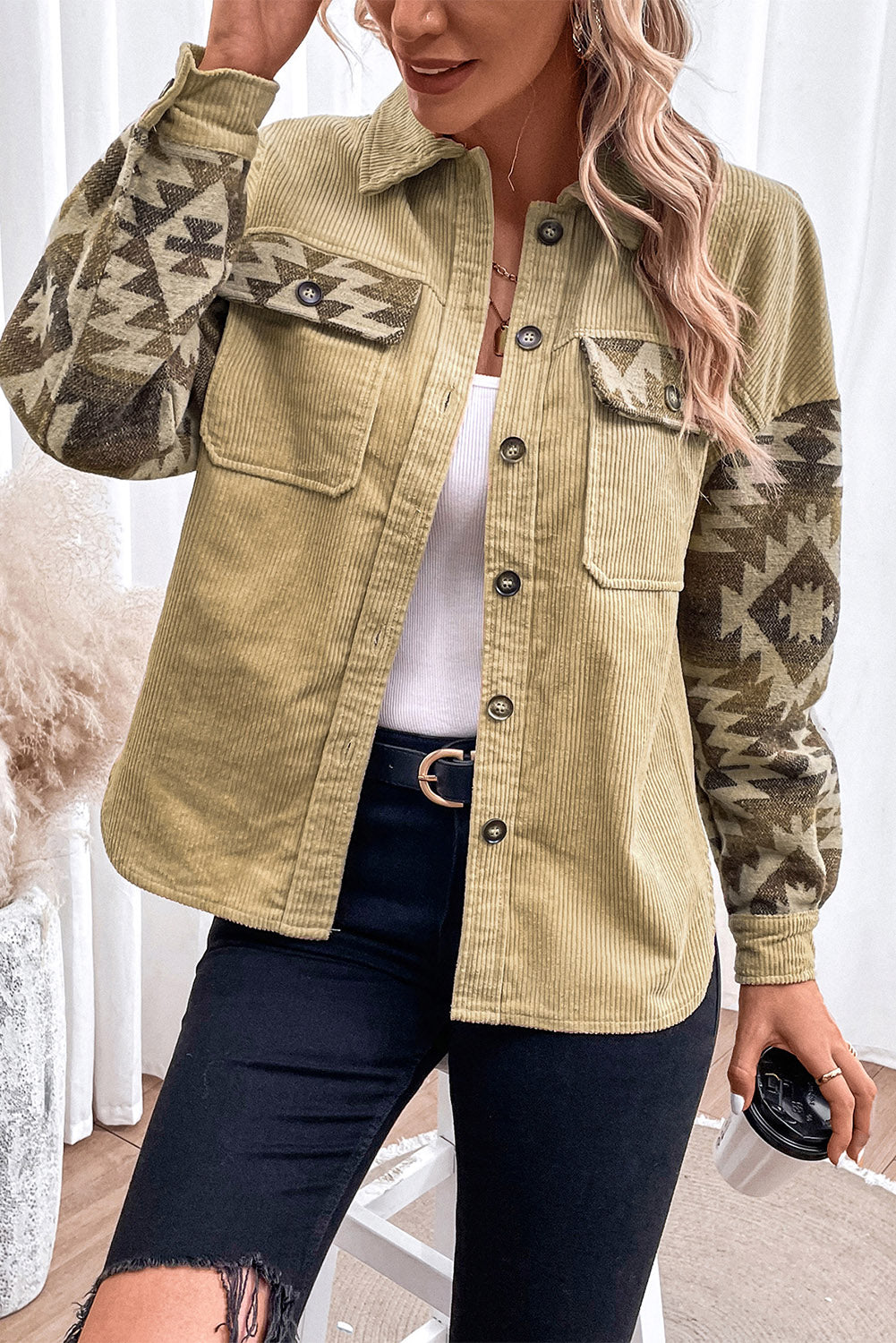 Geometric Button Down Collared Jacket-Angel Casuals