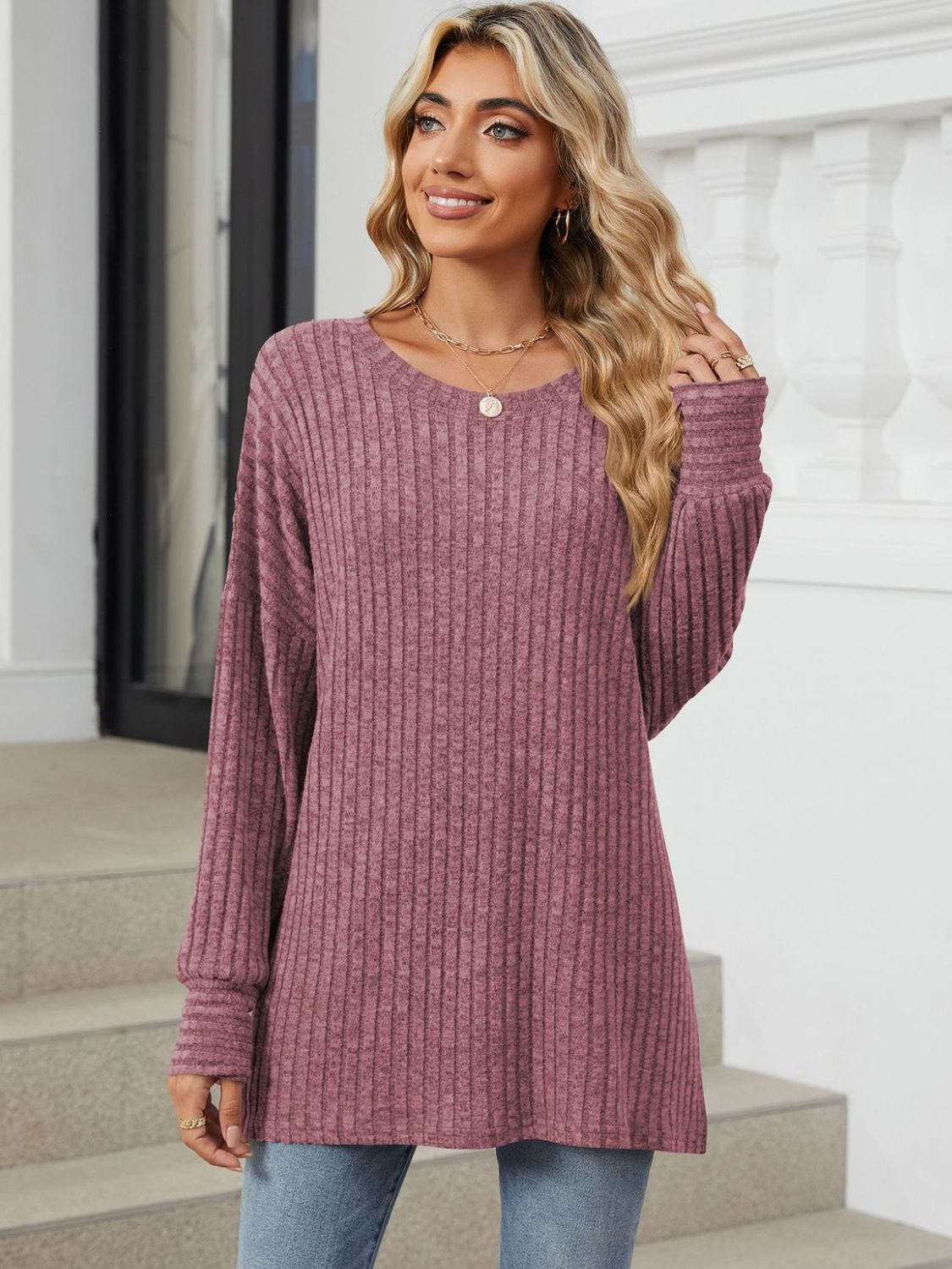 Ribbed Round Neck Long Sleeve T-Shirt-Angel Casuals