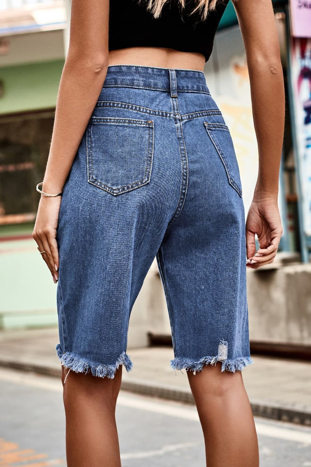 Raw Hem High Waist Denim Shorts with Pockets-Angel Casuals