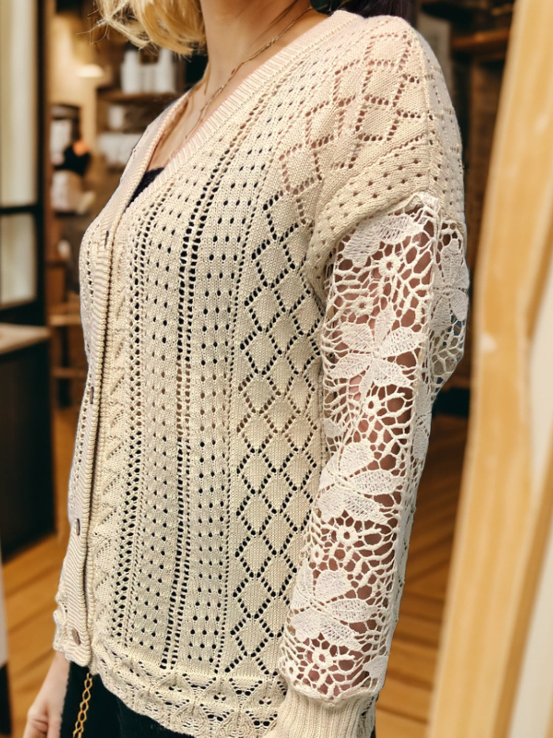 Eyelet Button Up Lantern Sleeve Cardigan-Angel Casuals