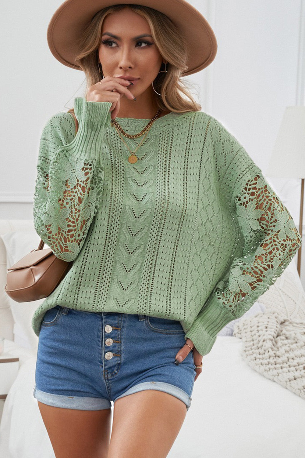 Openwork Lantern Sleeve Dropped Shoulder Sweater-Angel Casuals