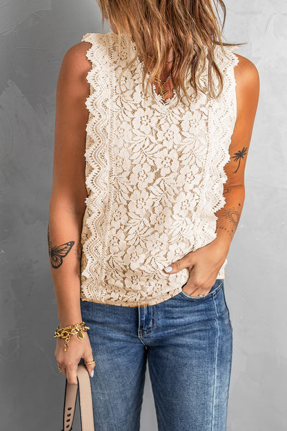 Scalloped V-Neck Lace Tank-Angel Casuals