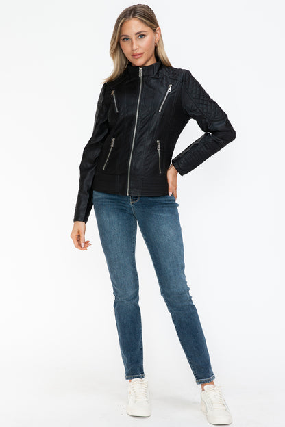 Snobbish Faux Leather Zip Up Mock Neck Jacket-Angel Casuals