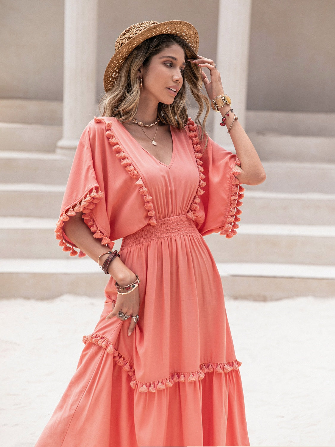 Tassel Trim Smocked V-Neck Short Sleeve Dress-Angel Casuals