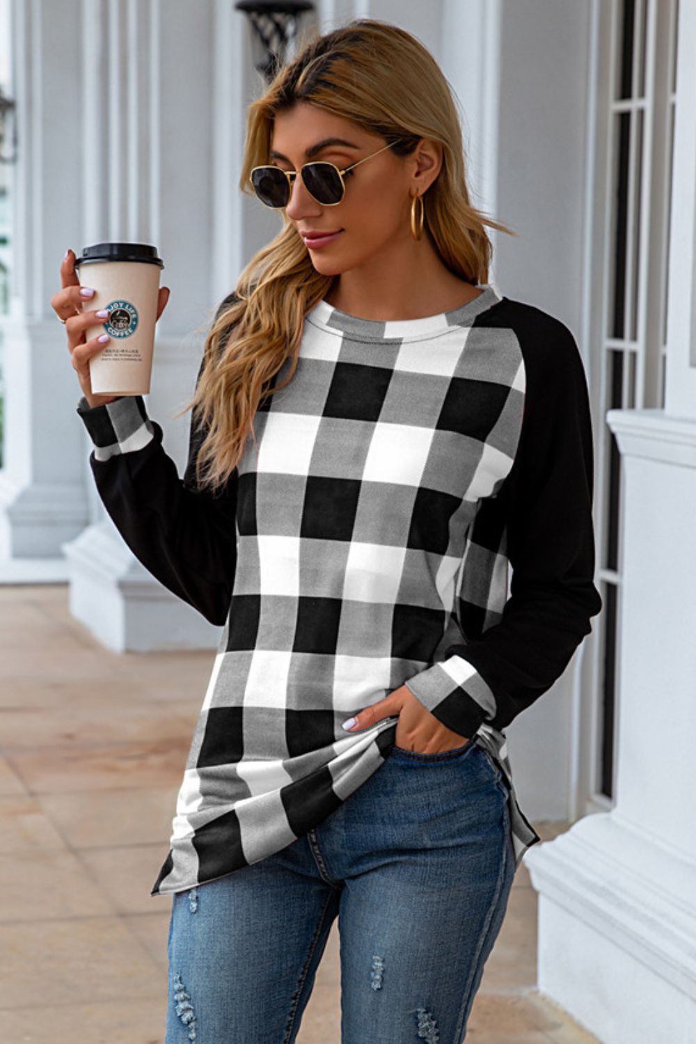 Plaid Round Neck Long Sleeve T-Shirt-Angel Casuals