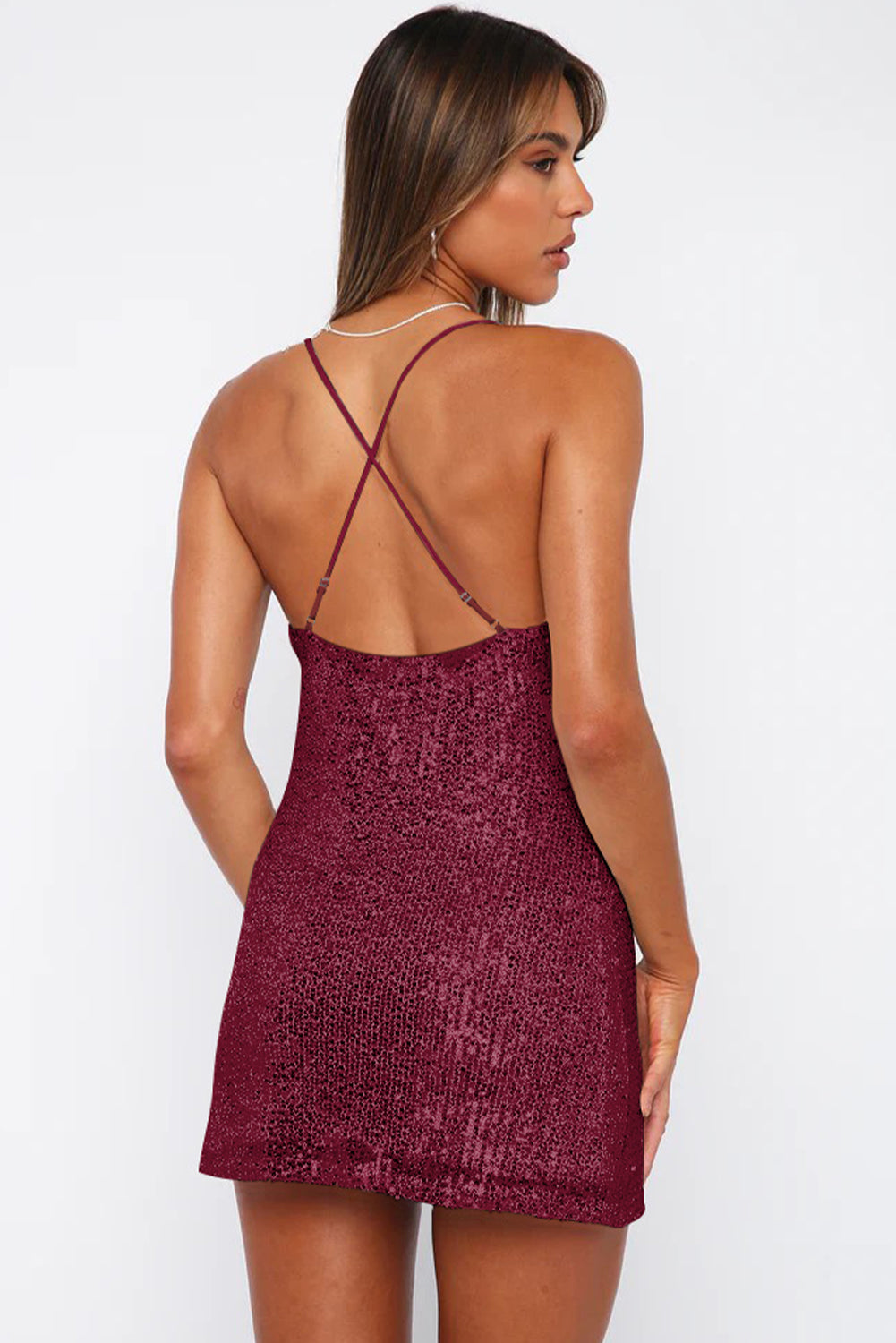 Cowl Neck Contrast Sequin Sleeveless Mini Dress-Angel Casuals