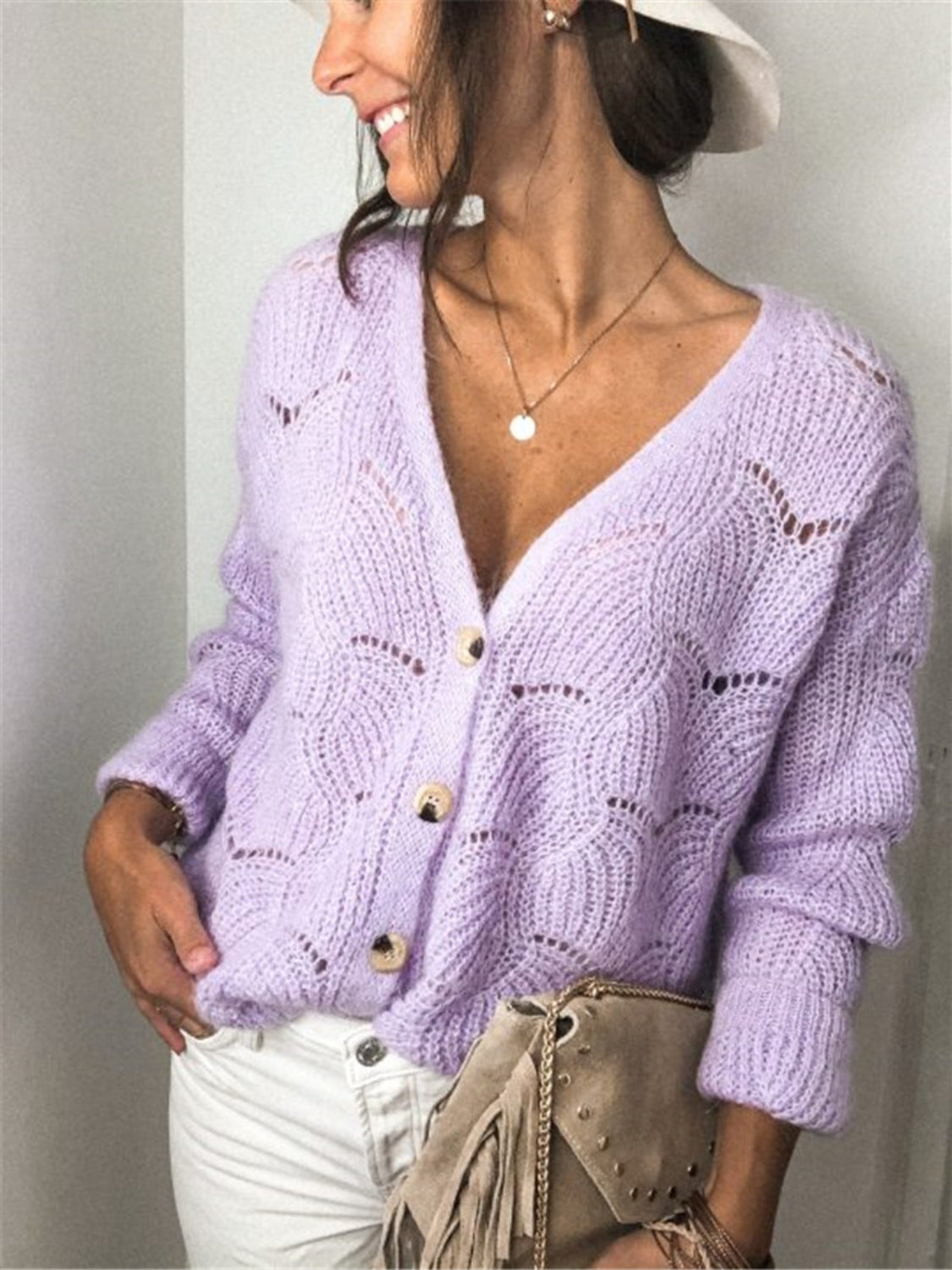 Openwork Button Up Long Sleeve Cardigan-Angel Casuals