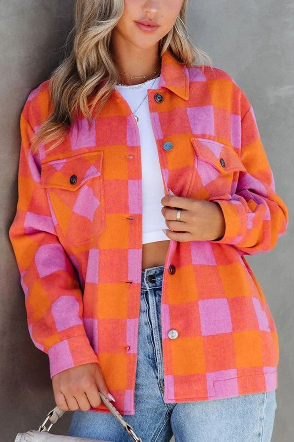 Plaid Collared Neck Button Up Jacket-Angel Casuals