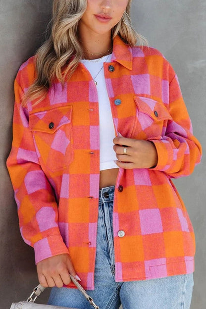 Plaid Collared Neck Button Up Jacket-Angel Casuals