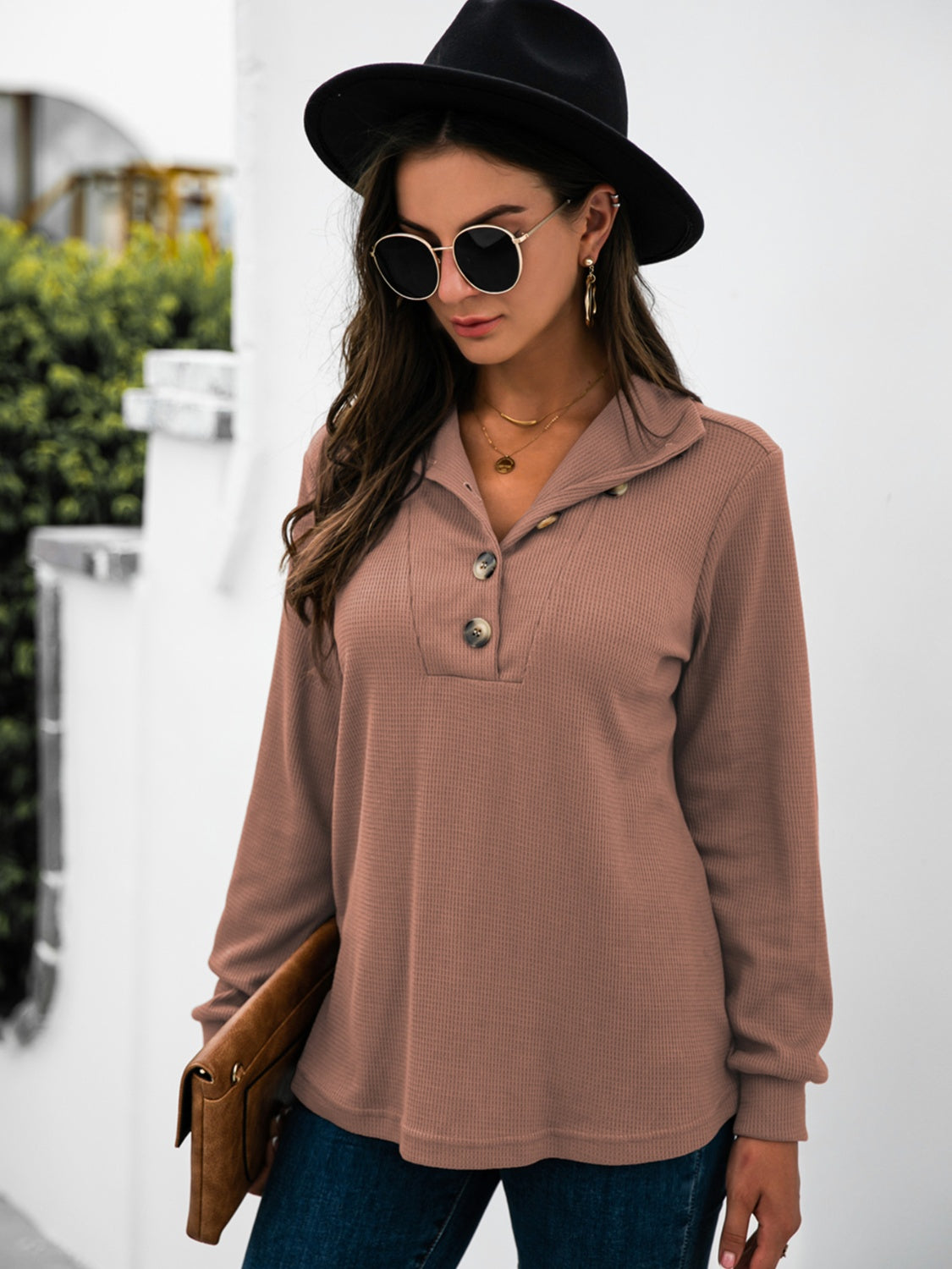 Half Button Long Sleeve T-Shirt-Angel Casuals