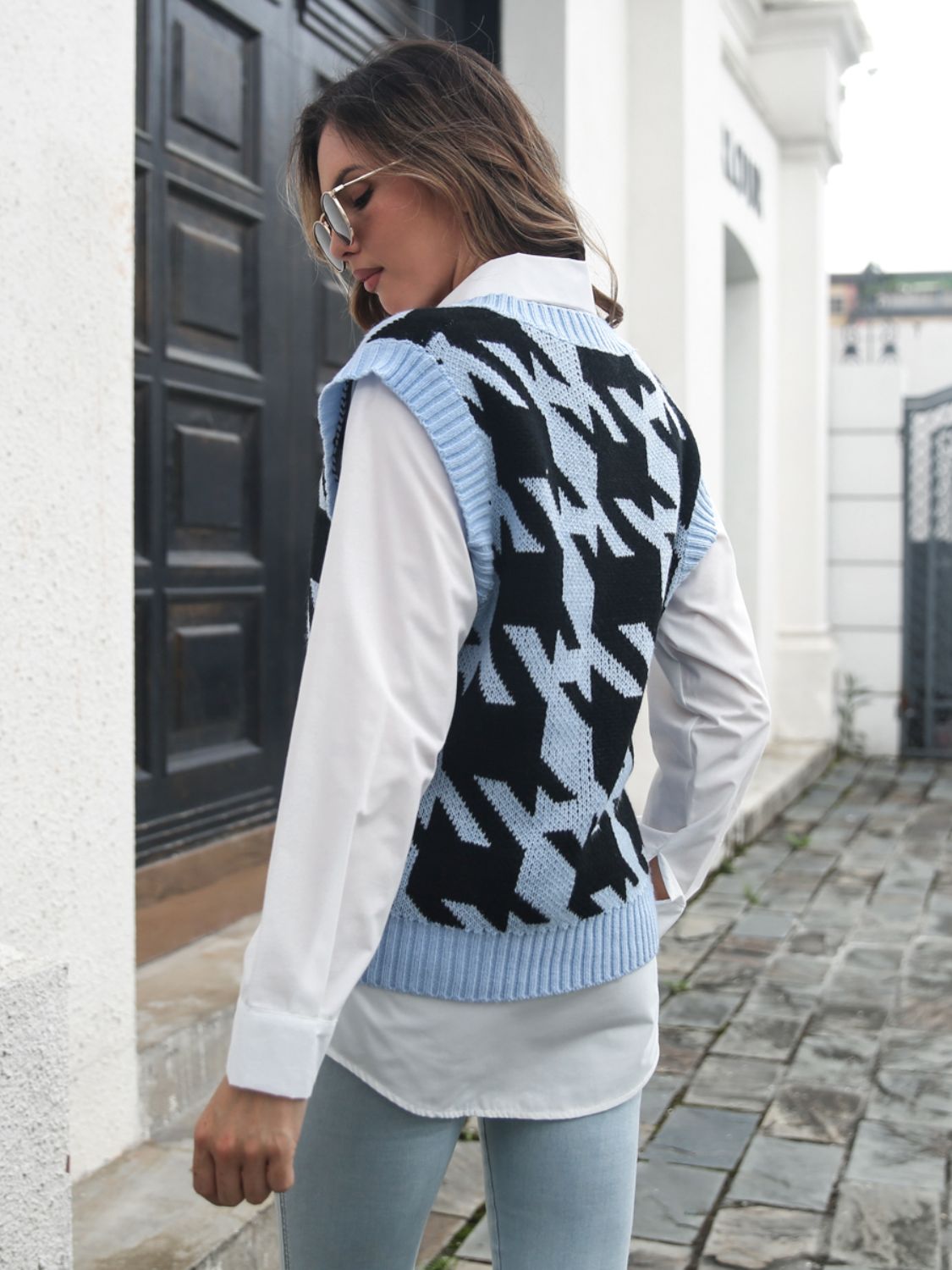 Houndstooth V-Neck Sweater Vest-Angel Casuals