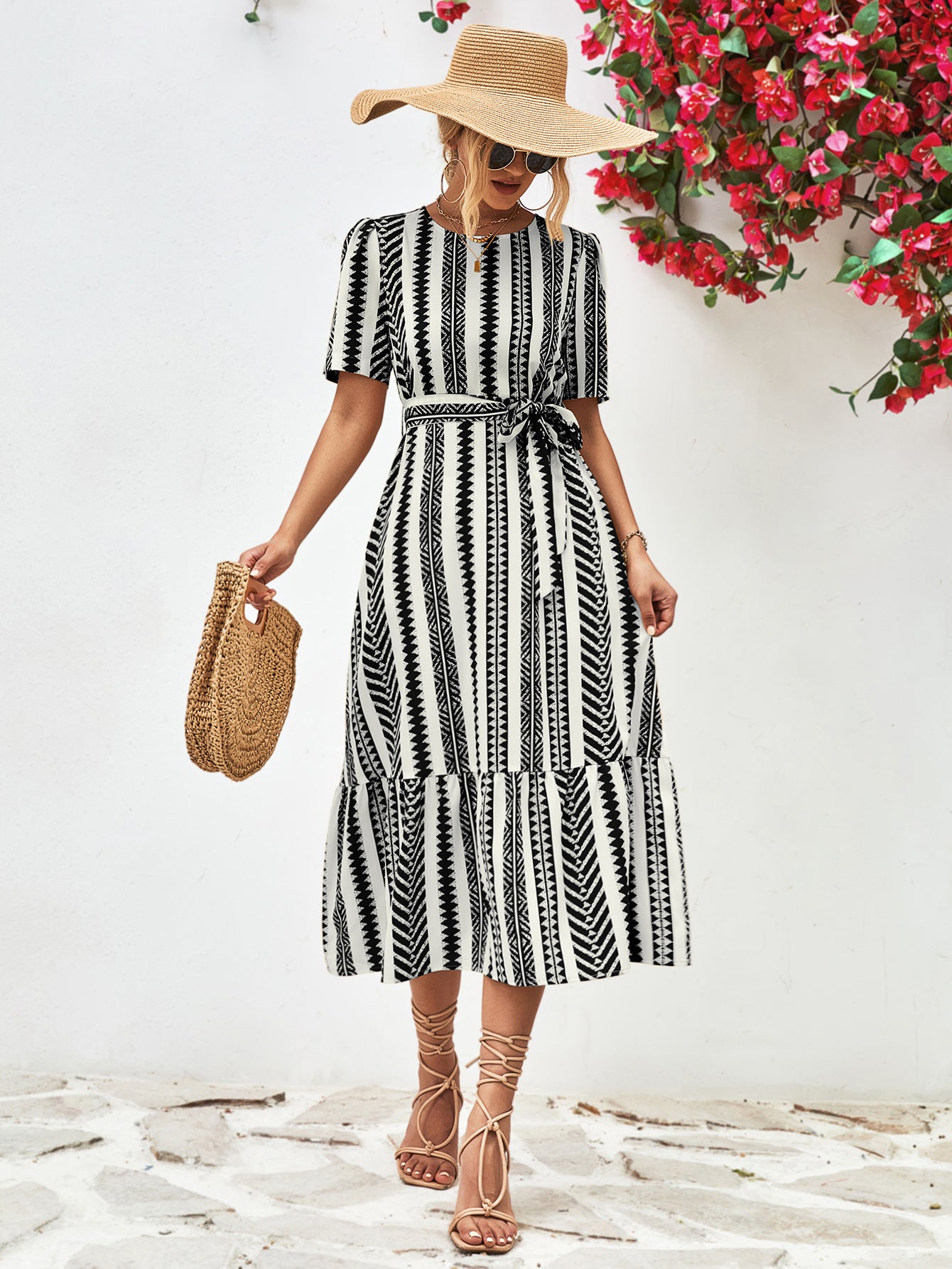 Striped Tie Belt Round Neck Puff Sleeve Dress-Angel Casuals