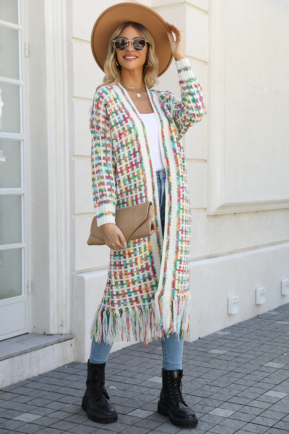 Multicolored Open Front Fringe Hem Cardigan-Angel Casuals