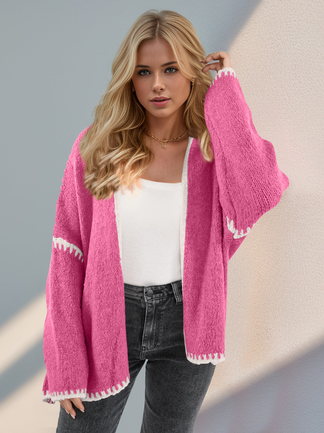 Double Take Contrast Open Front Dropped Shoulder Cardigan-Angel Casuals