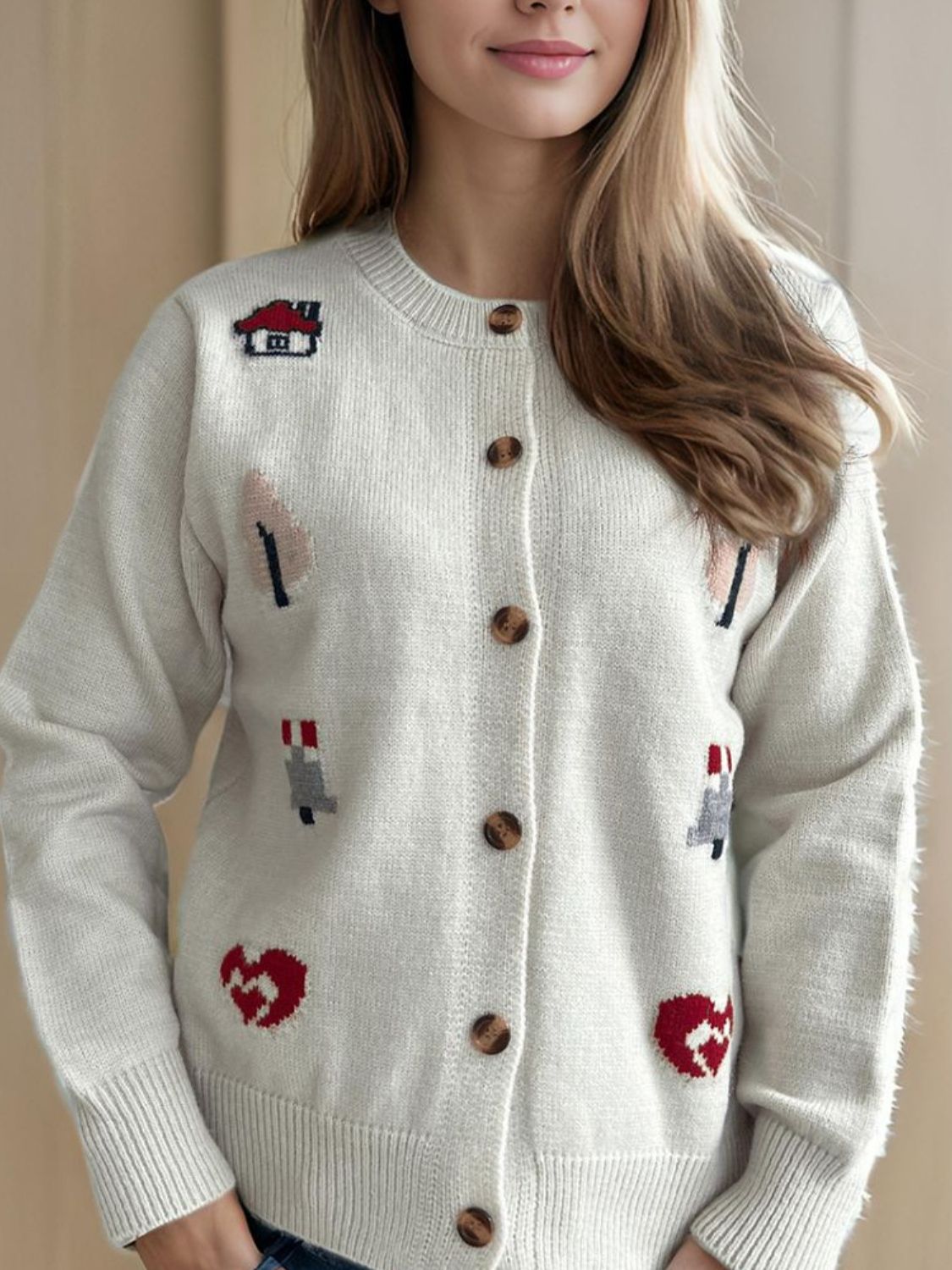 Button Up Round Neck Long Sleeve Cardigan-Angel Casuals