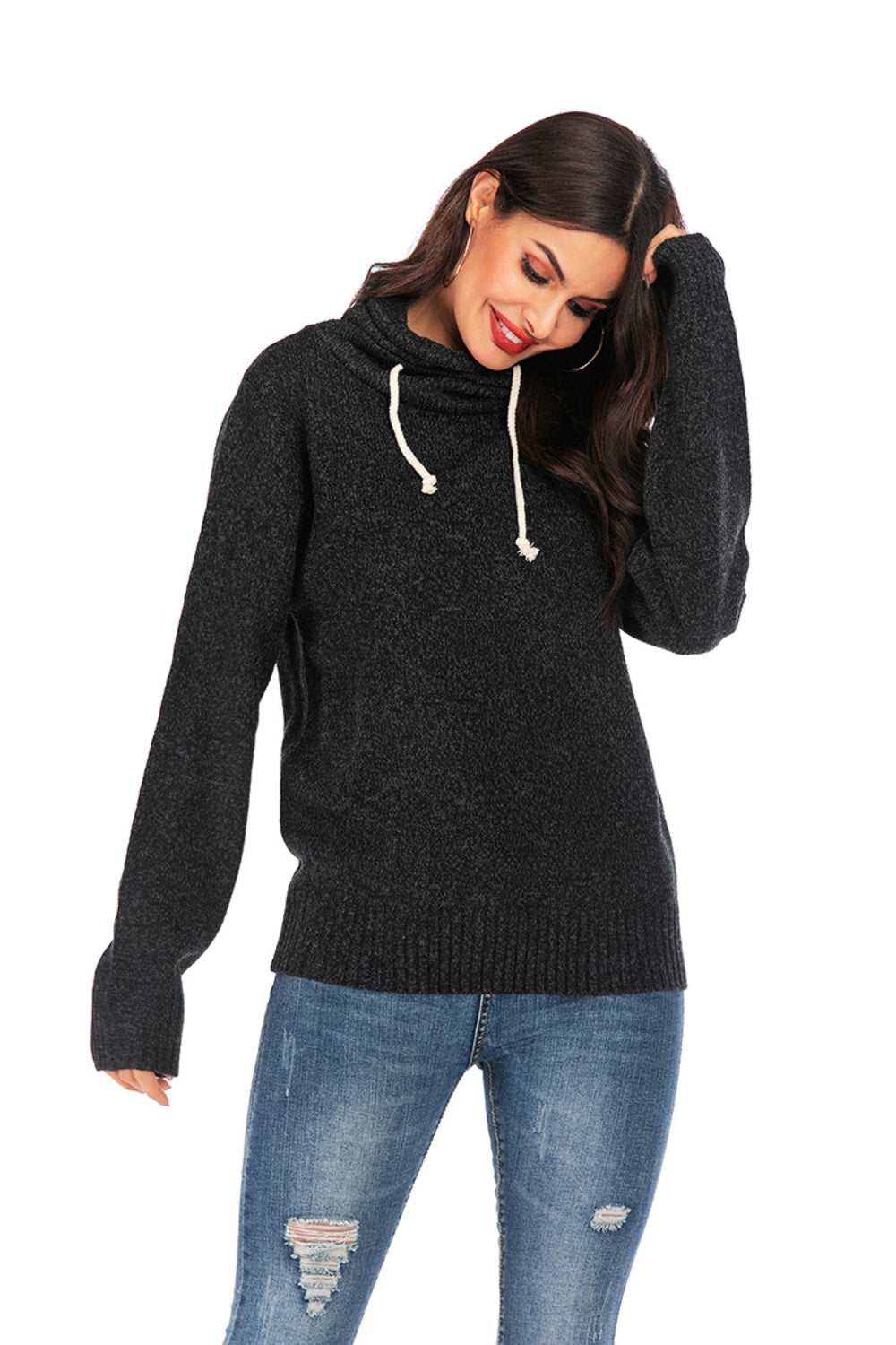 Drawstring Mock Neck Long Sleeve Sweater-Angel Casuals