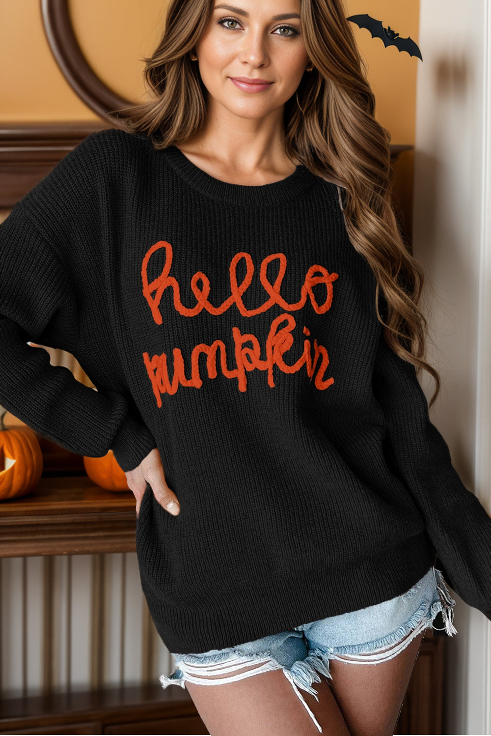 Contrast Letter Round Neck Long Sleeve Sweater-Angel Casuals