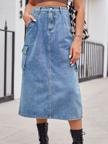 Slit Buttoned Denim Skirt with Pockets-Angel Casuals