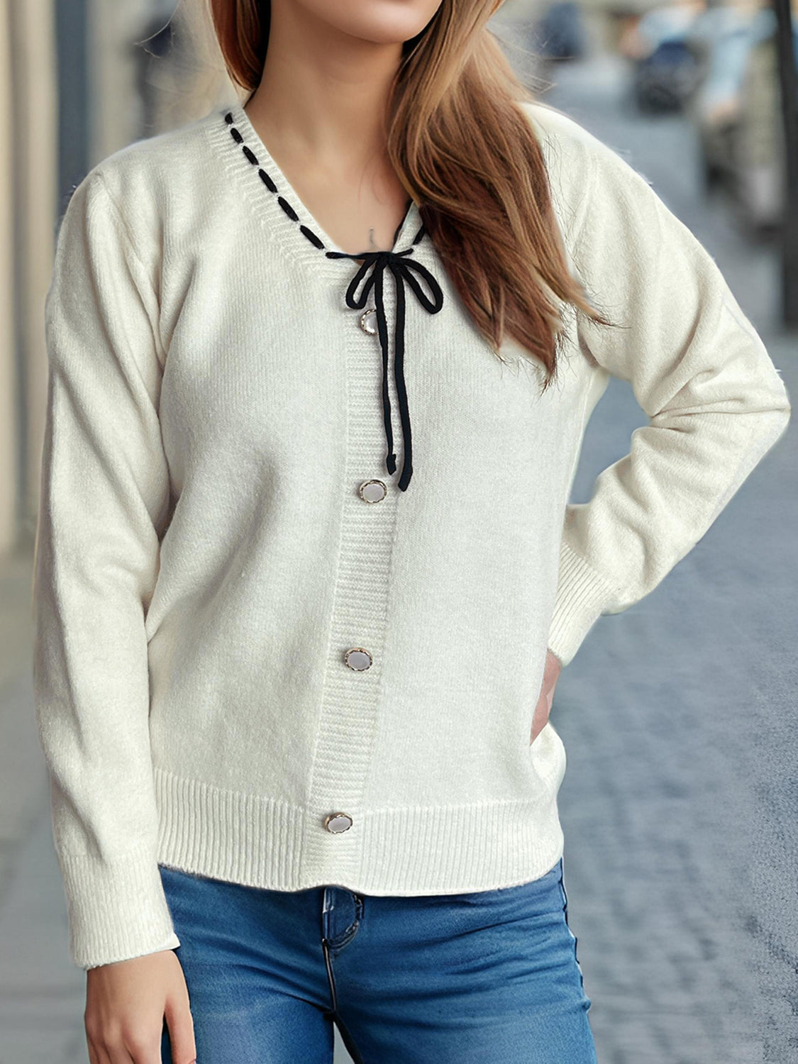 Tied V-Neck Long Sleeve Sweater-Angel Casuals