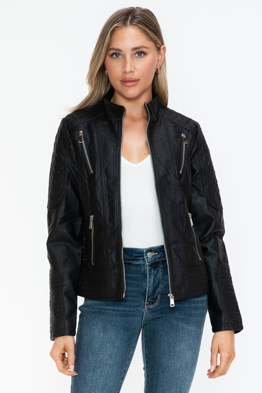 Snobbish Faux Leather Zip Up Mock Neck Jacket-Angel Casuals