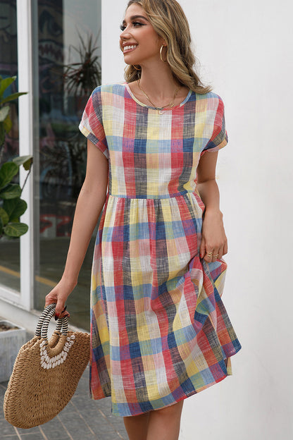 Plaid Round Neck Cap Sleeve Dress-Angel Casuals